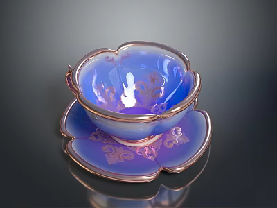 Flower Shaped Glass Cup With Saucer Blue Purple Hue And Gold Trim Design 3d model