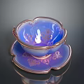Flower Shaped Glass Cup With Saucer Blue Purple Hue And Gold Trim Design