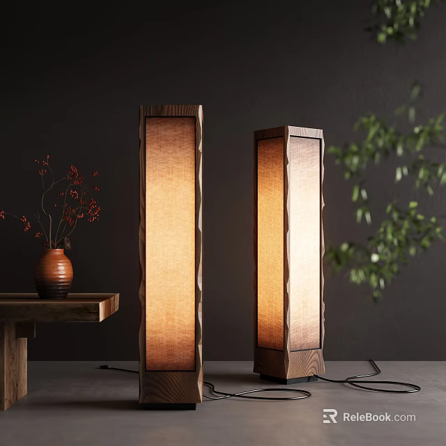 Modern Floor Lamps With Wooden Frame Beige Lampshade Brown Vase Red Flowers Green Plant 3d model 