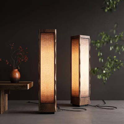 Modern Floor Lamps With Wooden Frame Beige Lampshade Brown Vase Red Flowers Green Plant 3d model
