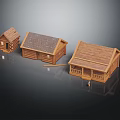 Three Wooden House Models With Varied Roof Designs Porch And Detailed Wooden Structure