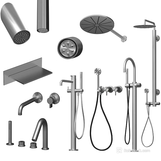 Modern Shower Heads Various Types And Components Including Handheld Faucet Parts 3d model 