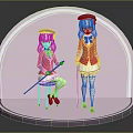 Anime Character Figurines in Red Coats and White Skirts with Hats on Pink Display Stand