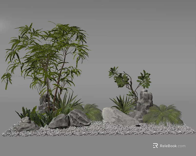 Natural Garden Landscape With Various Plants Stones And Gravel Arrangement 3d model 
