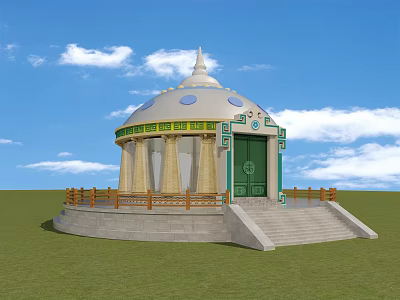 Traditional Yurt Exterior With Dome Green Door Columns Steps Railing On Grassland And Blue Sky 3d model