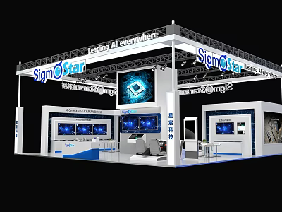 SignoStar Exhibition Booth With Modern White Blue Design Multiple Screens And Product Display Area 3d model