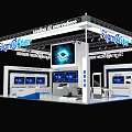 SignoStar Exhibition Booth With Modern White Blue Design Multiple Screens And Product Display Area