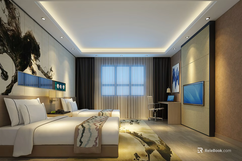 Modern Hotel Room with Double Bed TV Large Window and Decorative Carpet 3d model 