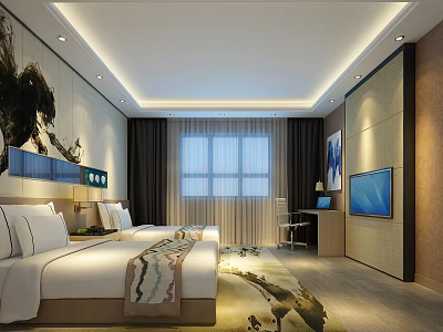 Modern Hotel Room with Double Bed TV Large Window and Decorative Carpet 3d model