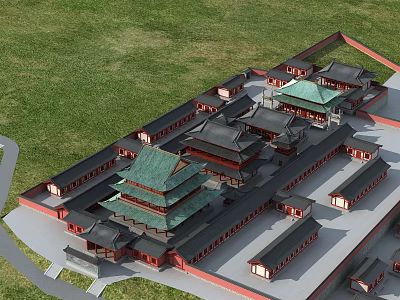 Traditional Ancient Chinese Architecture With Multi layered Green Tiled Roofs Red Structures Symmetric Layout 3d model