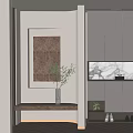 Elegant Indoor Corner Featuring Wooden Shelf Green Plant Decorative Painting And White Cabinets