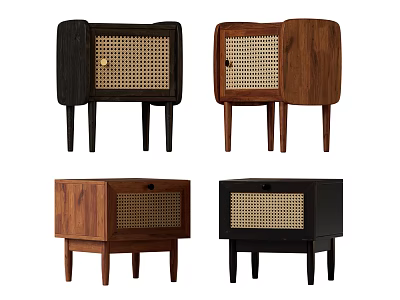 Modern Minimalist Wooden Nightstands With Rattan Panels And Various Wood Tones 3d model