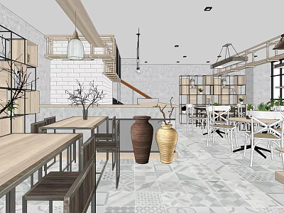 Modern Café Interior With Wooden Tables Chairs Decorative Vases And Staircase 3d model