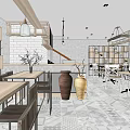 Modern Café Interior With Wooden Tables Chairs Decorative Vases And Staircase