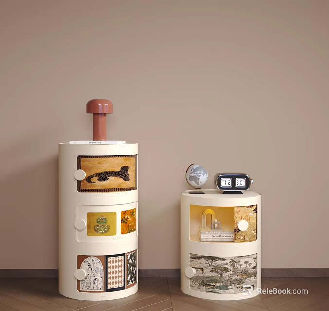 Modern Decorative Bedside Tables with Multi Drawers Red Top Accent and Small Table Globe Clock 3d model