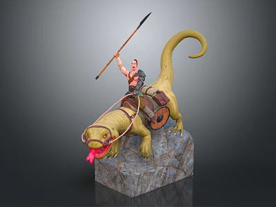 Muscular Warrior Riding Yellow Beast With Curled Tail Red Tongue Holding Spear On Rock Base 3d model