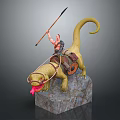 Muscular Warrior Riding Yellow Beast With Curled Tail Red Tongue Holding Spear On Rock Base