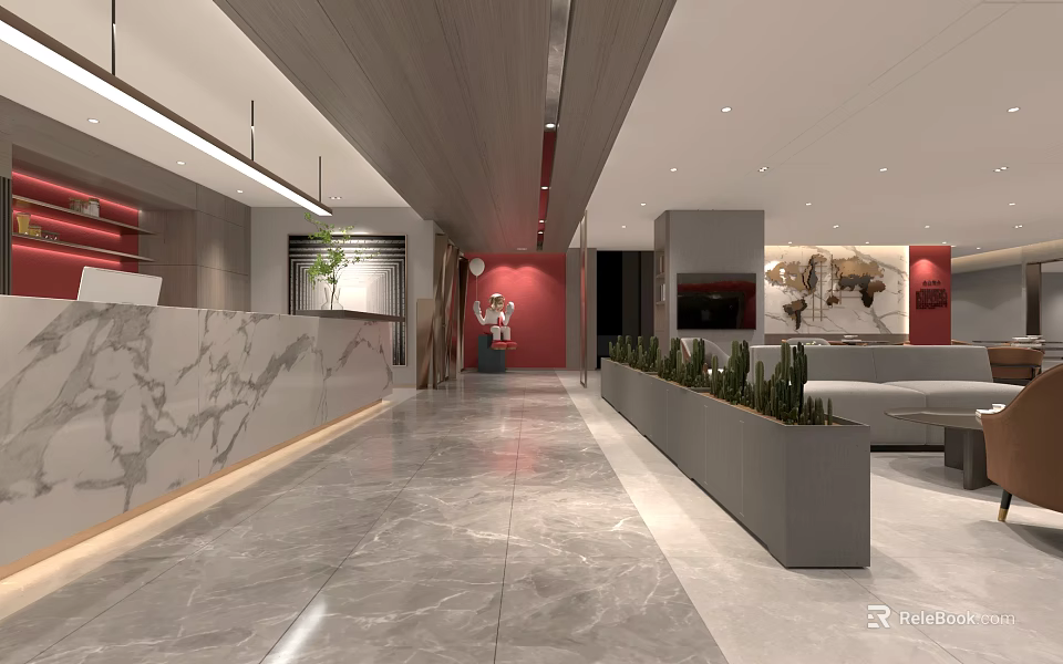 Modern Restaurant Interior With Marble Front Desk Wooden Ceiling Red Walls And Green Plants 3d model 