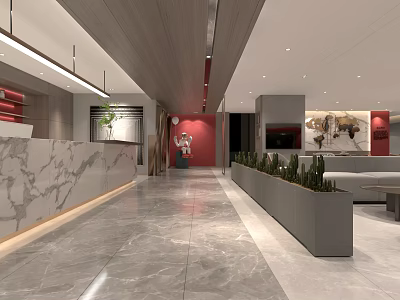 Modern Restaurant Interior With Marble Front Desk Wooden Ceiling Red Walls And Green Plants 3d model