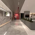 Modern Restaurant Interior With Marble Front Desk Wooden Ceiling Red Walls And Green Plants