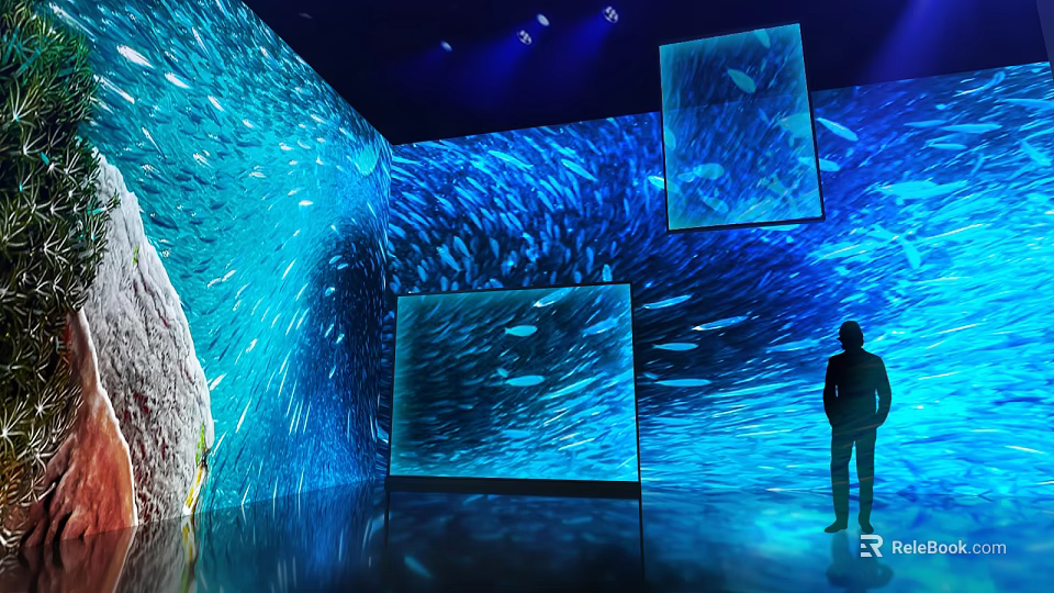 Exhibition Hall With Blue Ocean Projection And Large Interactive Screens For Viewing Experience 3d model 