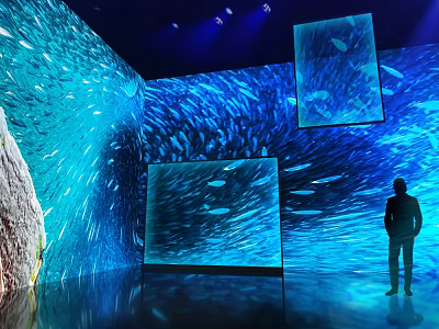 Exhibition Hall With Blue Ocean Projection And Large Interactive Screens For Viewing Experience 3d model