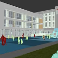 Colorful Modern School Building With Large Windows Outdoor Playground Slides And Children Playing