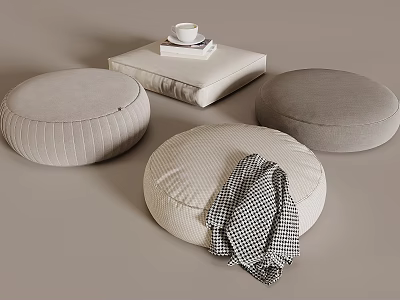 Cozy Round Floor Cushions With Striped Design Square Cushion And Checkered Blanket 3d model