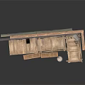 Wooden Multi Level Building Model With Shelves Windows And Blue Barrel