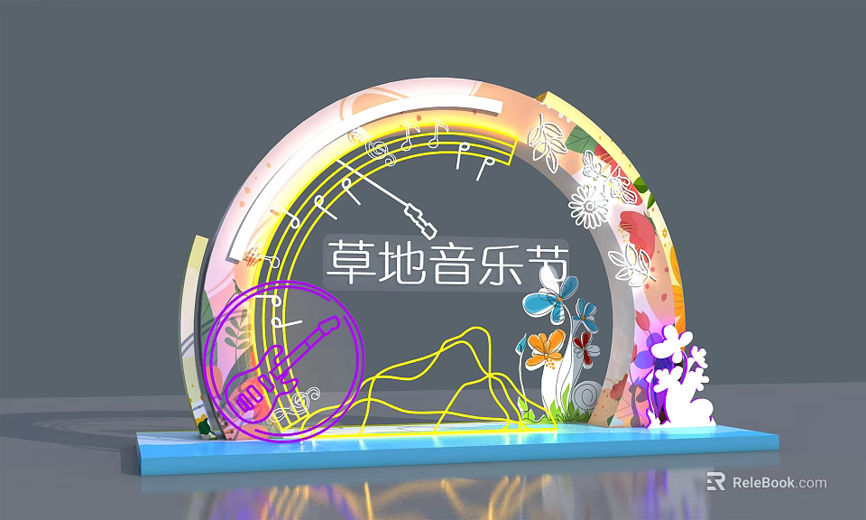 Grassland Music Festival Themed Arched Decoration with Music Notes Flowers and Mountain Patterns 3d model 