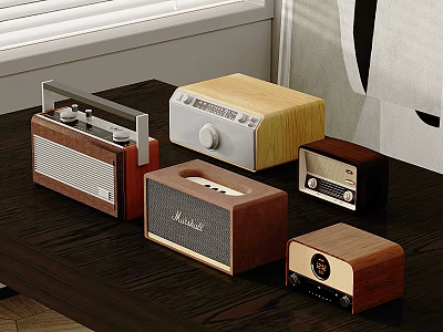 Classic Audio Speakers Radios With Multiple Wooden Metal Designs On Tabletop 3d model