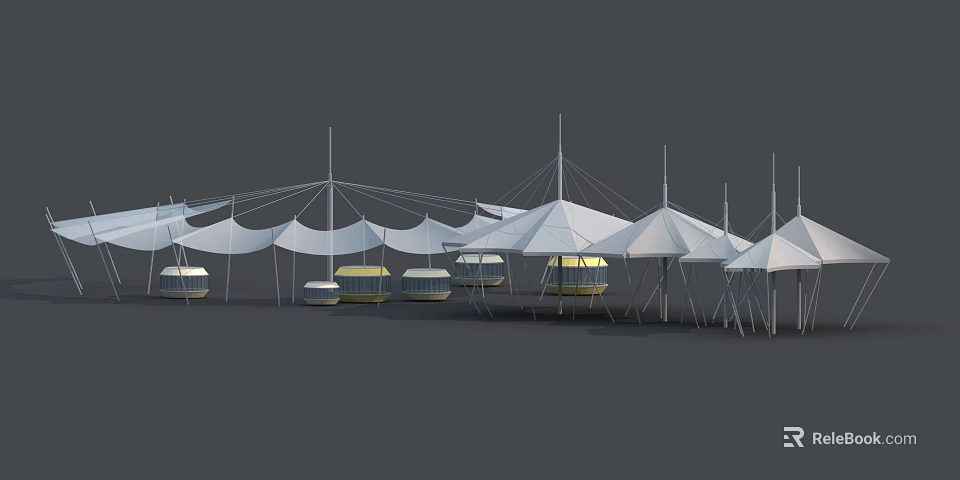 Outdoor Sunshade Canopies With White Fabric And Metal Support Poles 3d model 