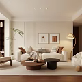 Modern Living Room Interior Design With Beige Sofa Pillows Coffee Tables Floor Lamp And Plant