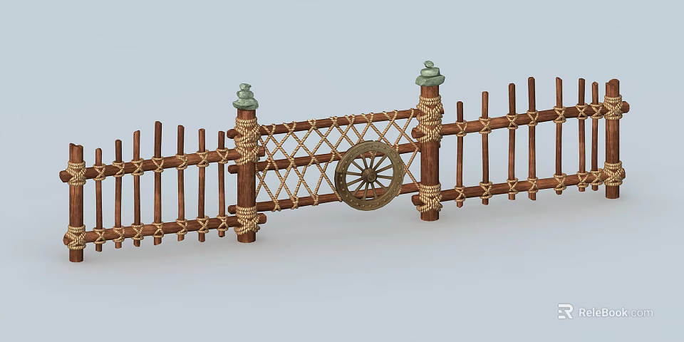 Bamboo Fence With Woven Crossed Design Central Wheel Decoration And Green Finial Posts 3d model 