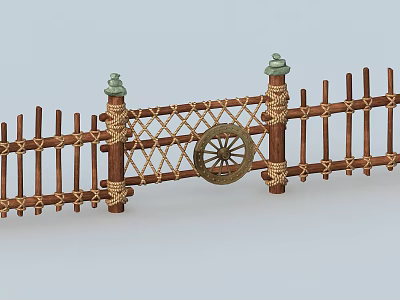 Bamboo Fence With Woven Crossed Design Central Wheel Decoration And Green Finial Posts 3d model