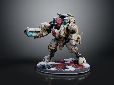 Sci-Fi Mechanical Warrior Sculpture with Detailed Armor Weapon Red White Accents on Snowy Base 3d model