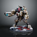 Sci-Fi Mechanical Warrior Sculpture with Detailed Armor Weapon Red White Accents on Snowy Base