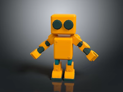 Yellow Block Shaped Robot Creature With Black Large Eyes And Green Joints 3d model