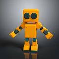 Yellow Block Shaped Robot Creature With Black Large Eyes And Green Joints
