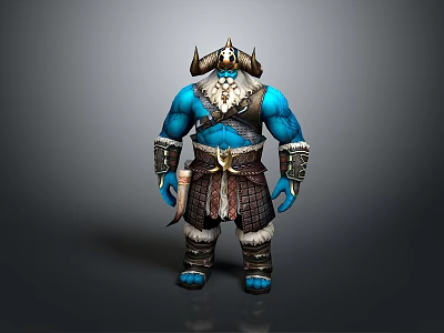 Blue Skinned Horned Bearded Warrior Character With Leather Fur Attire 3d model