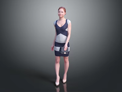 Standing Woman In Blue White Gray Spliced Dress Holding Handbag Wearing High Heels 3d model