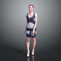 Standing Woman In Blue White Gray Spliced Dress Holding Handbag Wearing High Heels