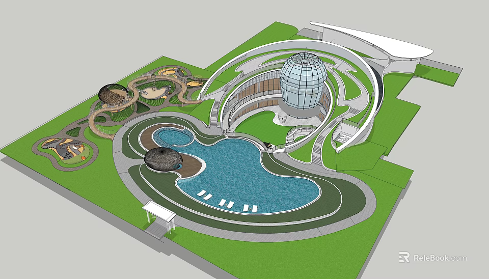 Kids Play Area With Blue Pool Dome Building And Curved Structures On Green Lawn 3d model 