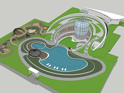 Kids Play Area With Blue Pool Dome Building And Curved Structures On Green Lawn 3d model