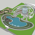 Kids Play Area With Blue Pool Dome Building And Curved Structures On Green Lawn