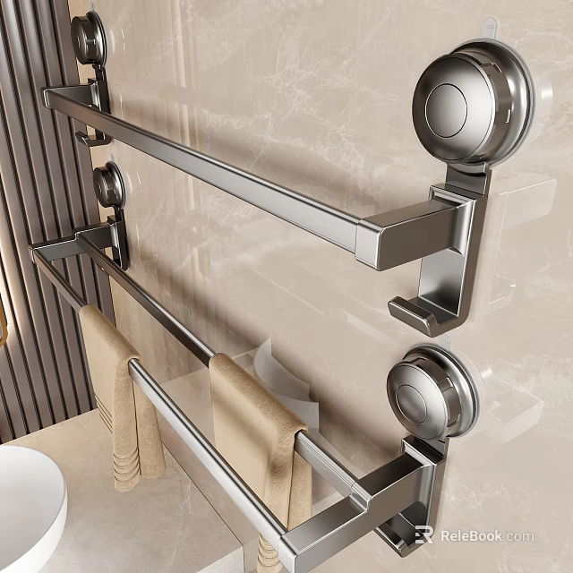 Beige Towels On Stainless Steel Towel Rack In Modern Bathroom With Marble Wall 3d model 