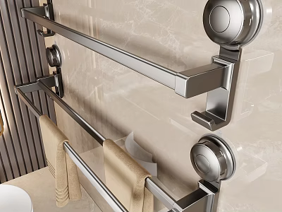Beige Towels On Stainless Steel Towel Rack In Modern Bathroom With Marble Wall 3d model