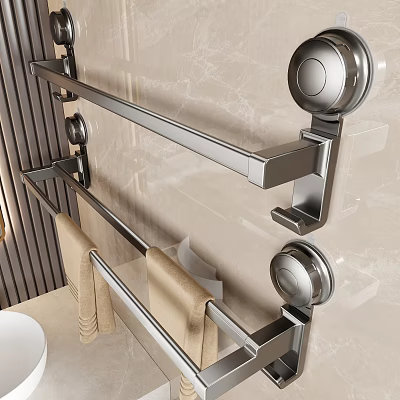 Beige Towels On Stainless Steel Towel Rack In Modern Bathroom With Marble Wall 3d model