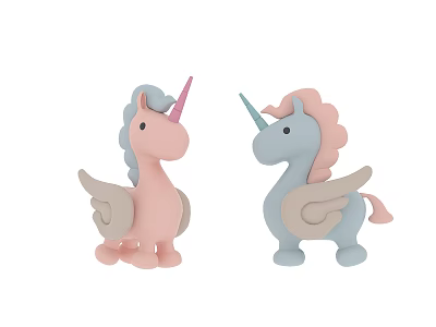 Two Decorative Pink And Blue Unicorn Ceramic Figurines With Wings 3d model