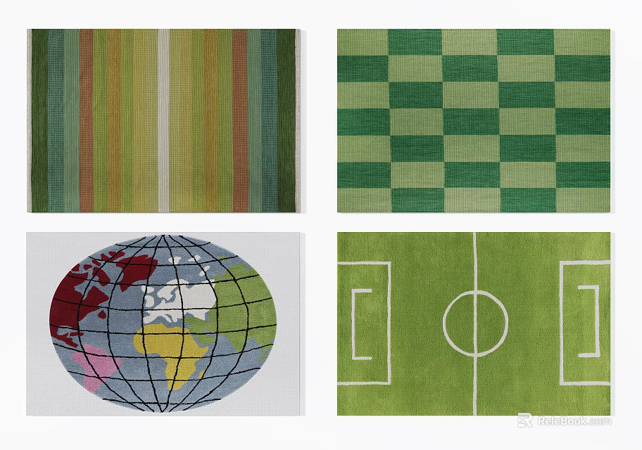 Colorful Square Rugs With Striped Checkerboard World Map And Football Field Patterns 3d model 